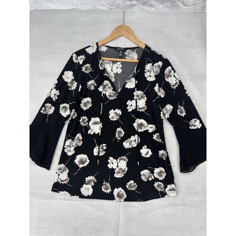 Ellen Tracy Floral Top M V-Neck Tie Front 3/4 Bell Sleeves Black & White Stretch